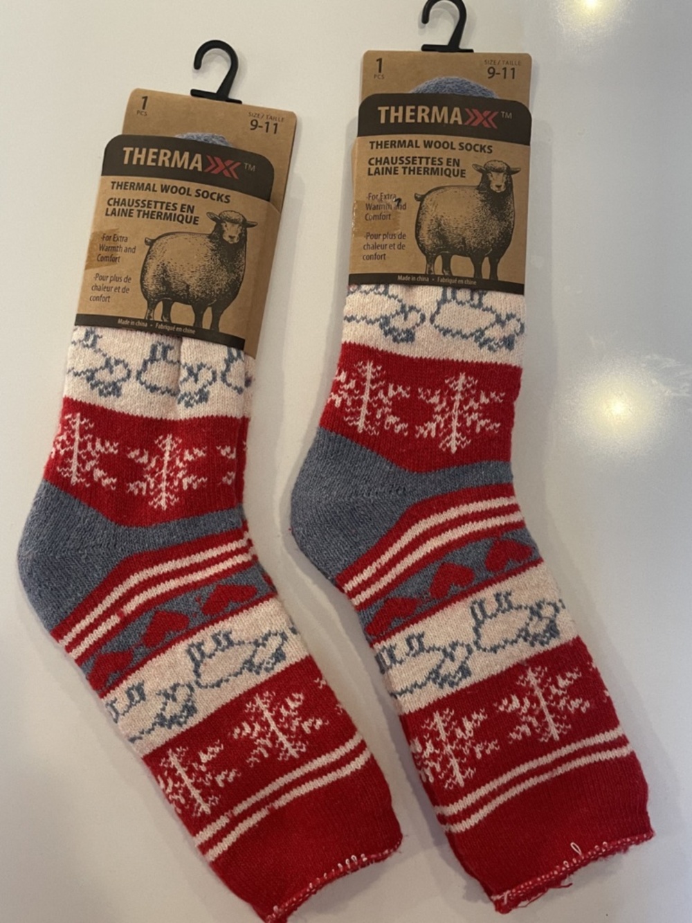 New Cozy 2 Pair ThermaXX Thermal Wool Socks Red Grey White Extra Warm Size 9-11